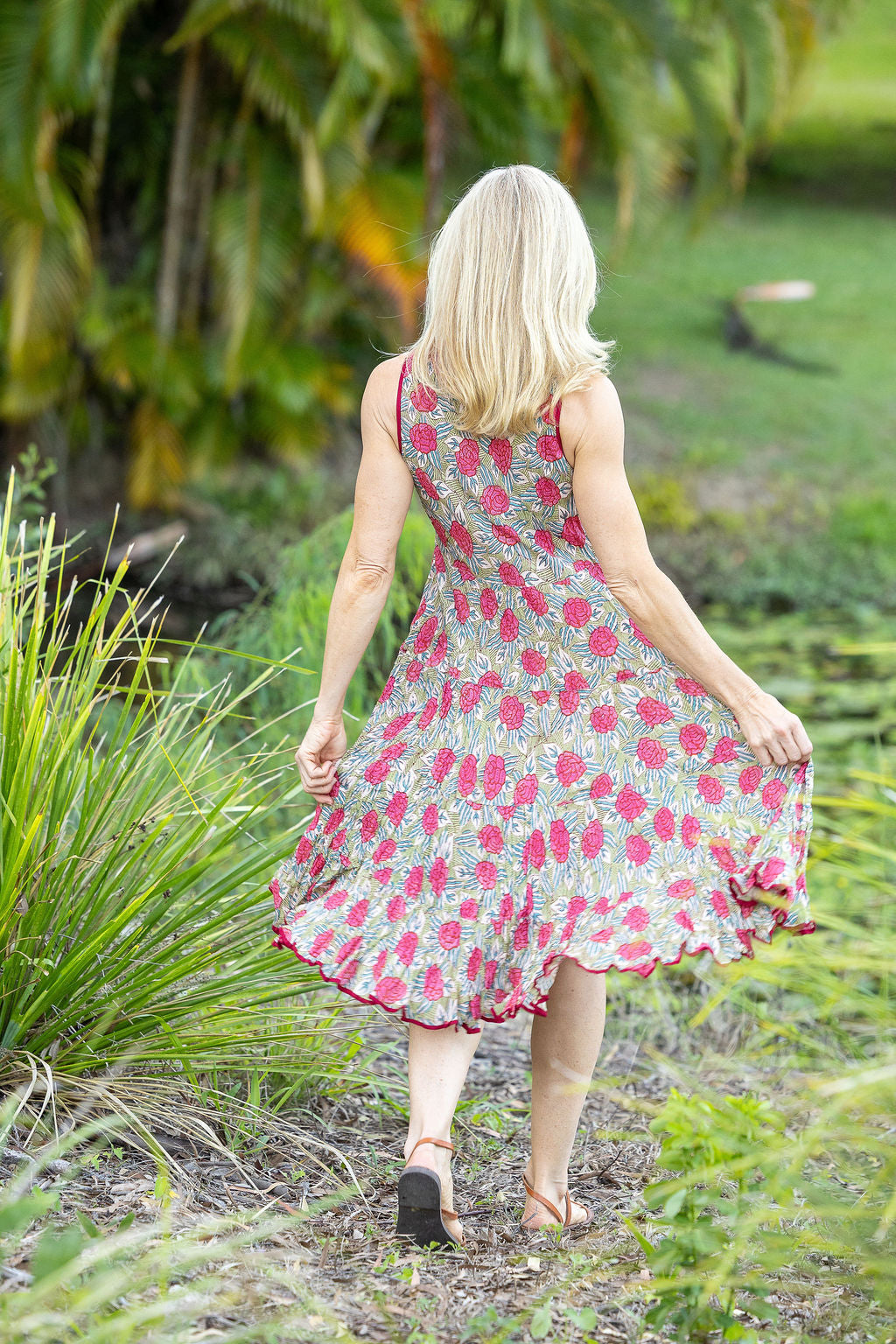 Womens, midi, Flamenco Dress, sleeveless, 100% Cotton, hand block print. Pink floral, Zinnia.