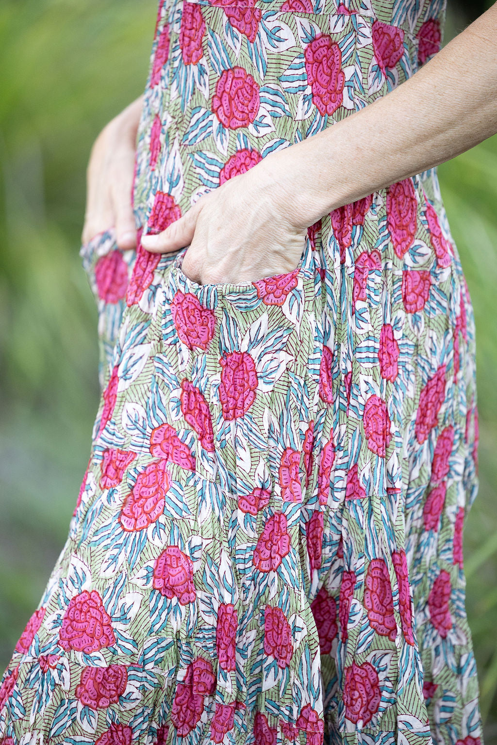 Womens, midi, Flamenco Dress, sleeveless, 100% Cotton, hand block print. Pink floral, Zinnia.