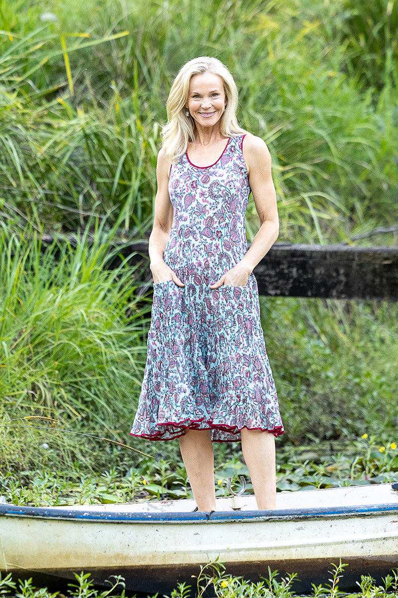Womens, midi, Flamenco Dress, sleeveless, 100% Cotton, hand block print. Soft blue boho floral - Florence