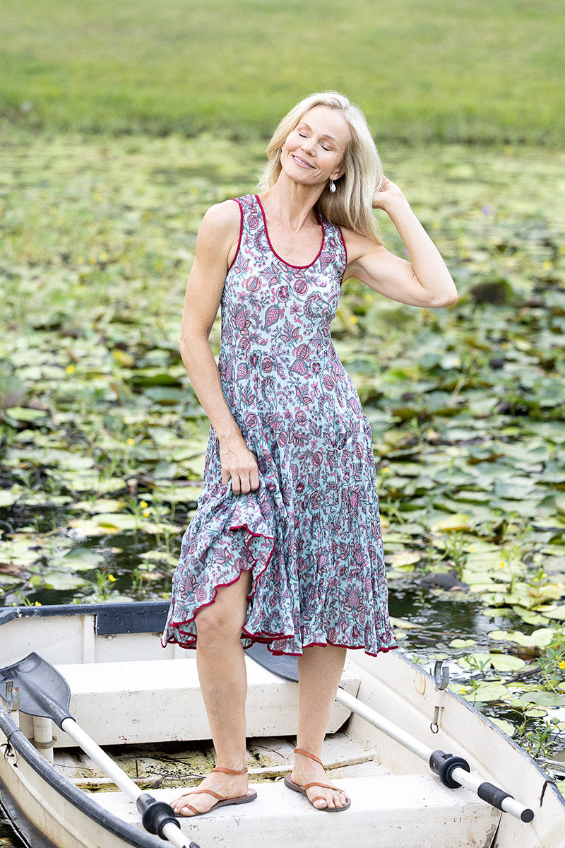 Womens, midi, Flamenco Dress, sleeveless, 100% Cotton, hand block print. Soft blue boho floral - Florence