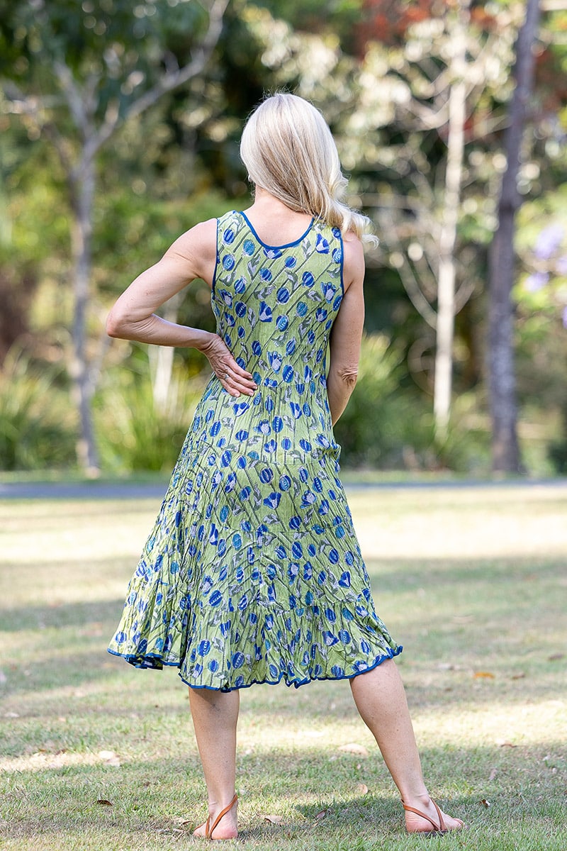 Womens, midi, Flamenco Dress, sleeveless, 100% Cotton, hand block print. Summer Green - Verde