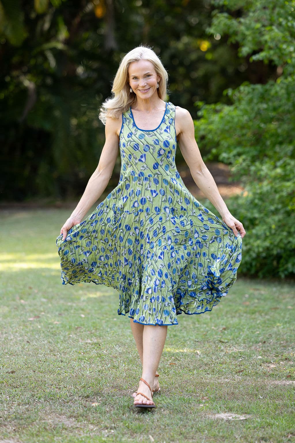 Womens, midi, Flamenco Dress, sleeveless, 100% Cotton, hand block print. Summer Green - Verde