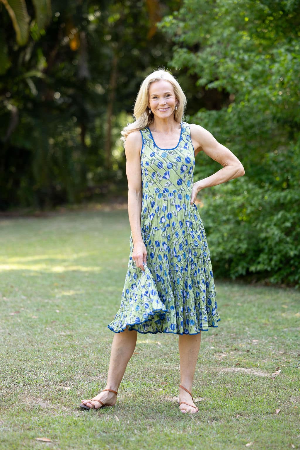Womens, midi, Flamenco Dress, sleeveless, 100% Cotton, hand block print. Summer Green - Verde