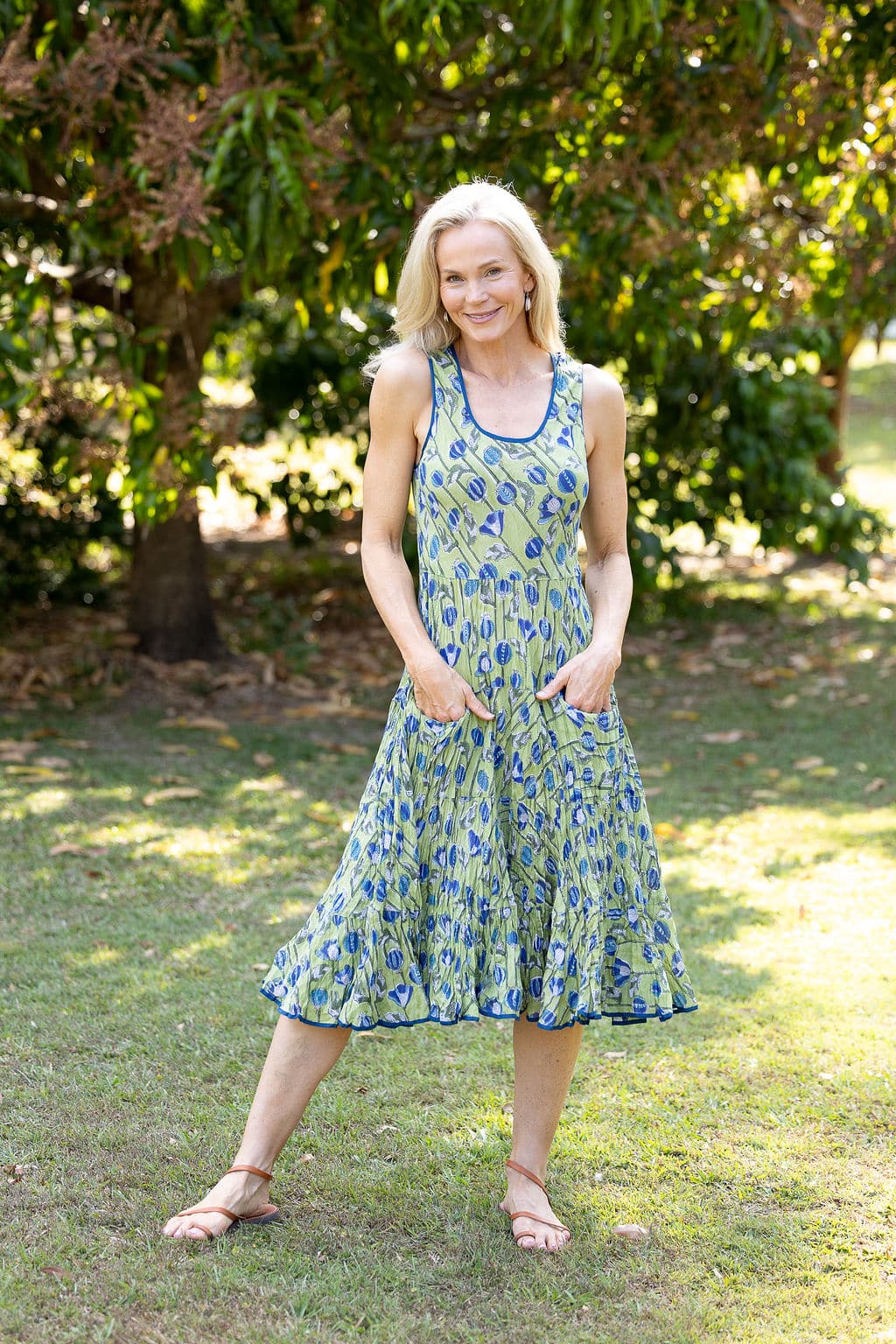 Womens, midi, Flamenco Dress, sleeveless, 100% Cotton, hand block print. Summer Green - Verde