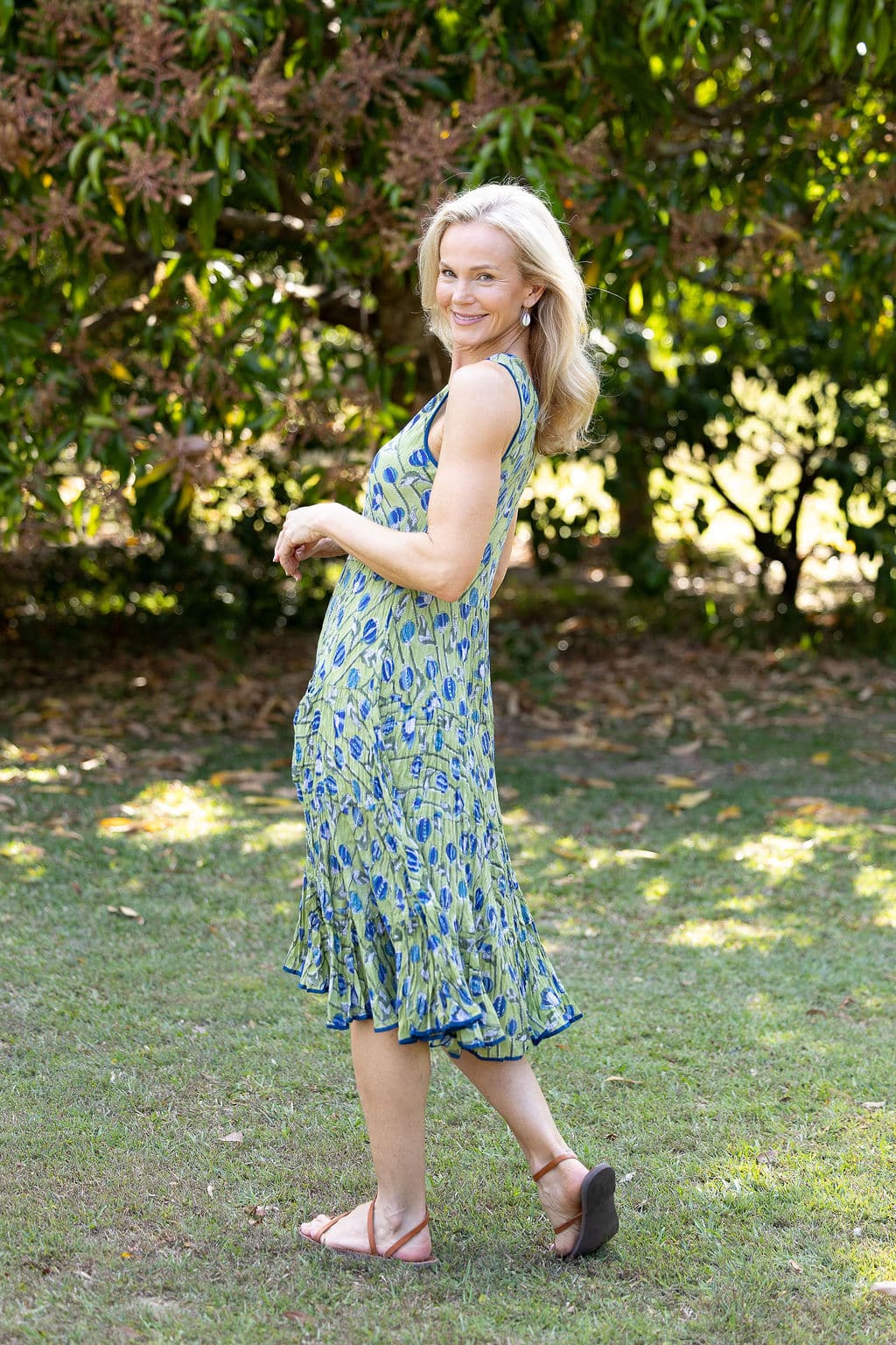 Womens, midi, Flamenco Dress, sleeveless, 100% Cotton, hand block print. Summer Green - Verde