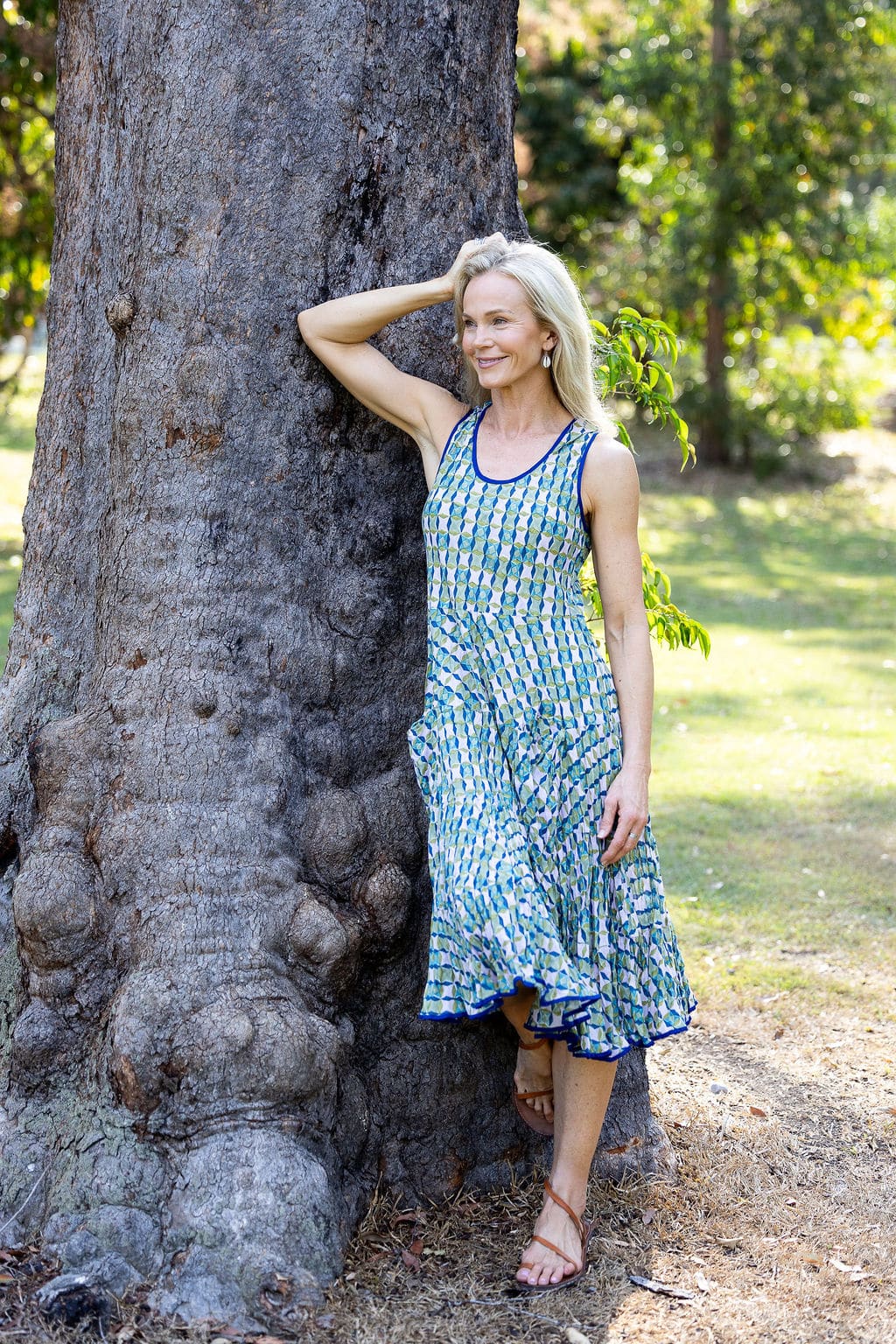 Womens, midi, Flamenco Dress, sleeveless, 100% Cotton, hand block print. Soft geometry - Liora