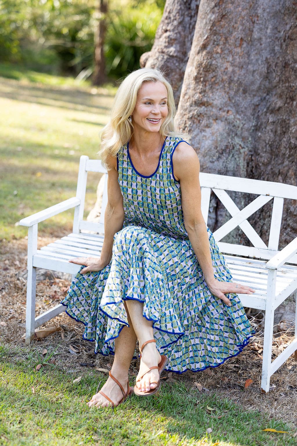 Womens, midi, Flamenco Dress, sleeveless, 100% Cotton, hand block print. Soft geometry - Liora