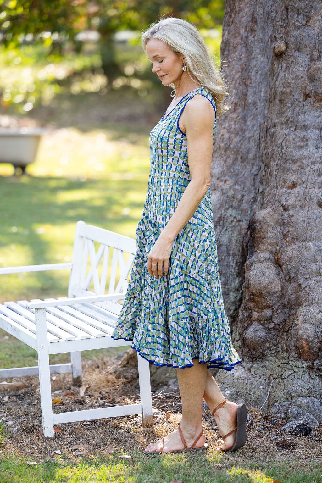 Womens, midi, Flamenco Dress, sleeveless, 100% Cotton, hand block print. Soft geometry - Liora