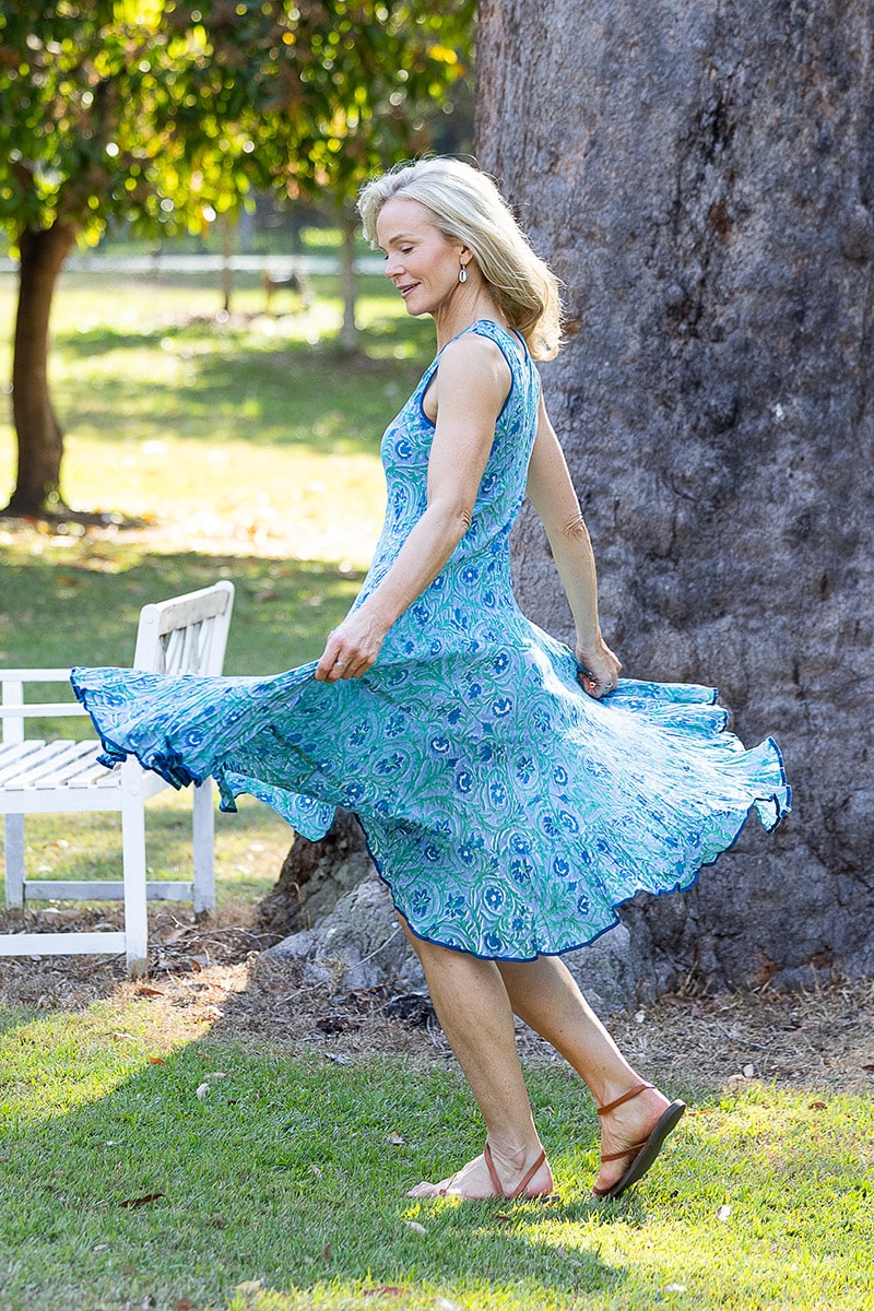 Womens, midi, Flamenco Dress, sleeveless, 100% Cotton, hand block print. Soft Oceanic Blue - Amara