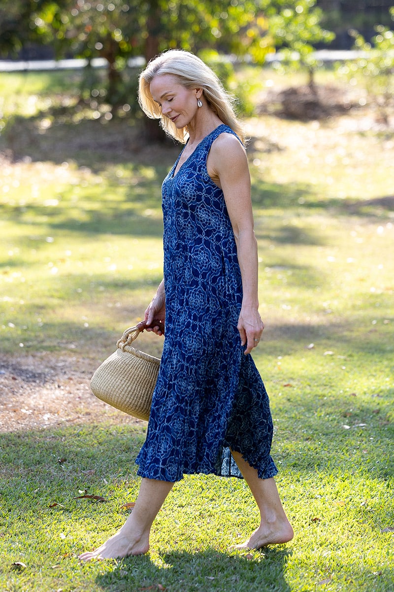 Womens, midi, Mevlana Dress, sleeveless, 100% Cotton, hand block print. Natural Indigo Blue - Indigo Yantra