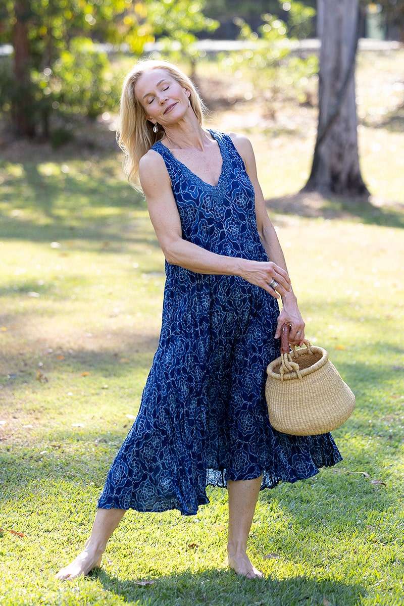 Womens, midi, Mevlana Dress, sleeveless, 100% Cotton, hand block print. Natural Indigo Blue - Indigo Yantra
