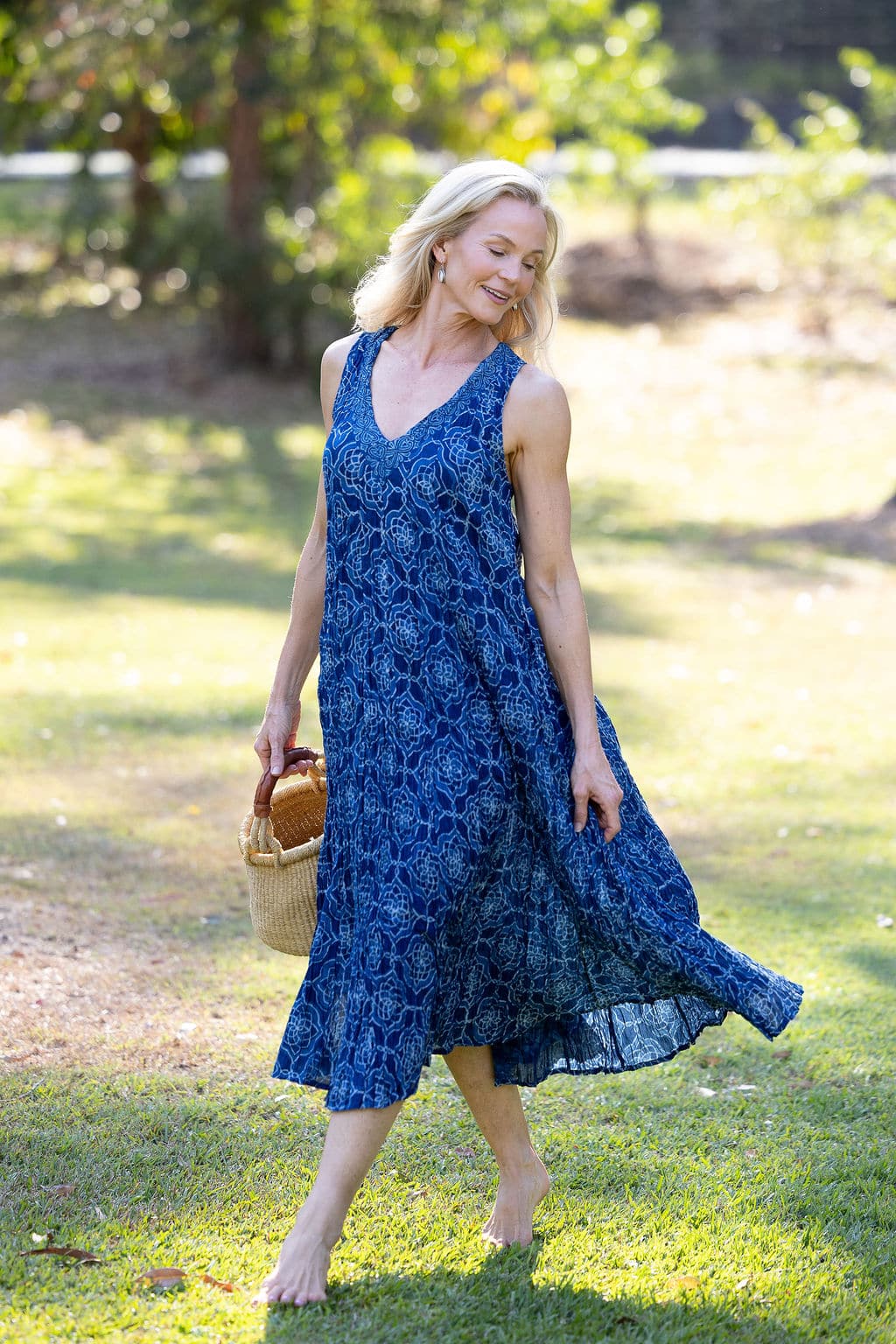 Womens, midi, Mevlana Dress, sleeveless, 100% Cotton, hand block print. Natural Indigo Blue - Indigo Yantra