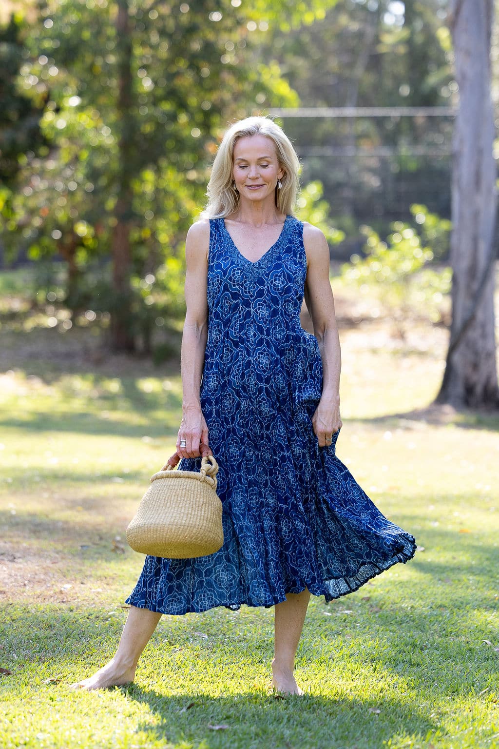 Womens, midi, Mevlana Dress, sleeveless, 100% Cotton, hand block print. Natural Indigo Blue - Indigo Yantra