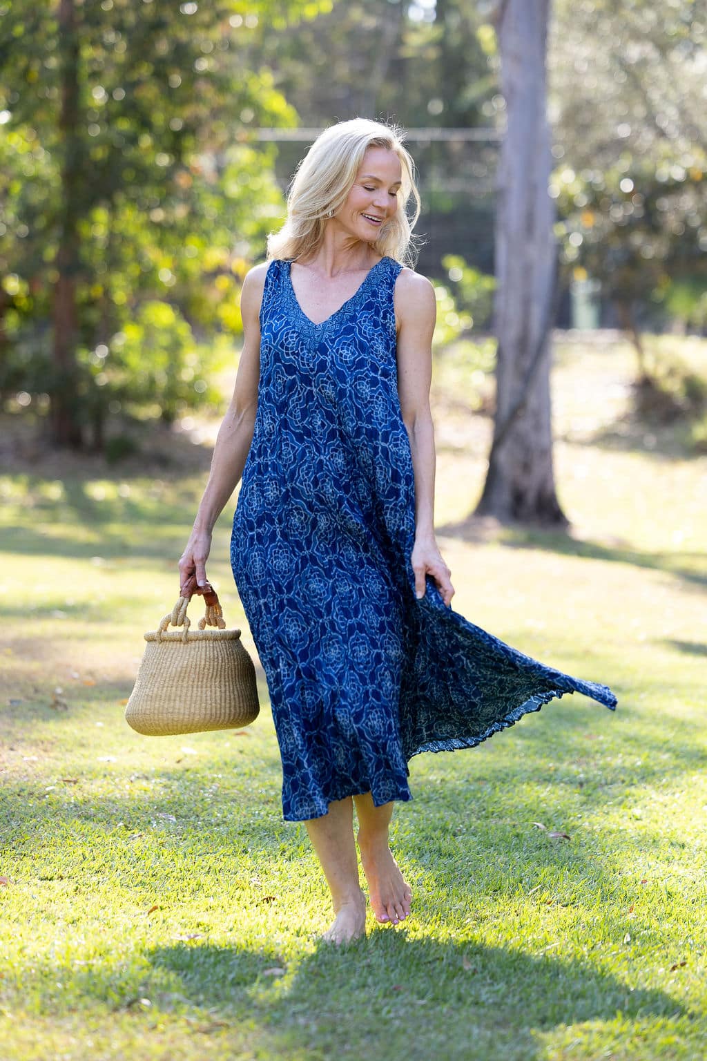 Womens, midi, Mevlana Dress, sleeveless, 100% Cotton, hand block print. Natural Indigo Blue - Indigo Yantra