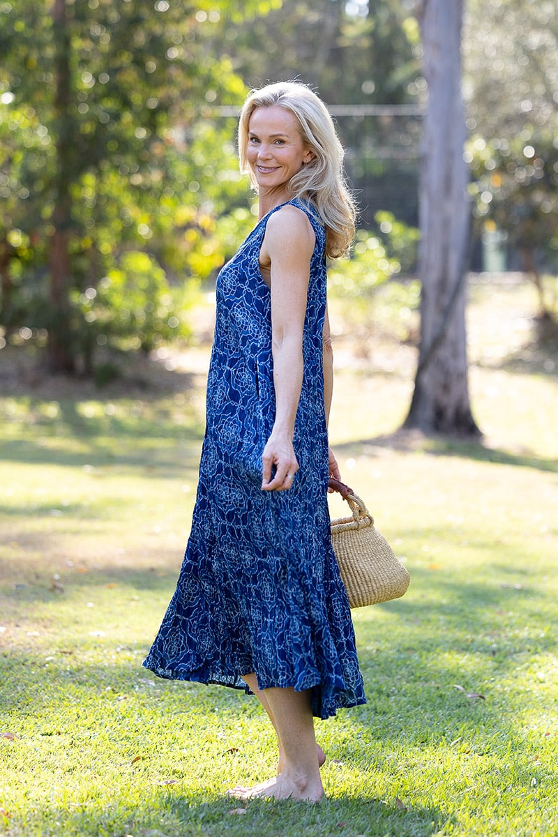 Womens, midi, Mevlana Dress, sleeveless, 100% Cotton, hand block print. Natural Indigo Blue - Indigo Yantra