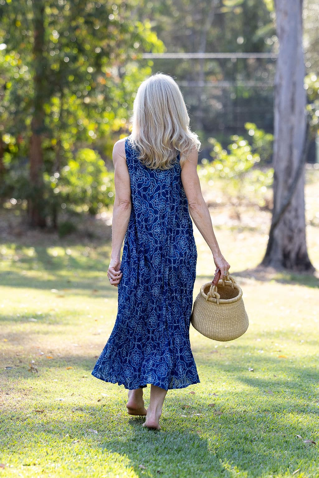 Womens, midi, Mevlana Dress, sleeveless, 100% Cotton, hand block print. Natural Indigo Blue - Indigo Yantra