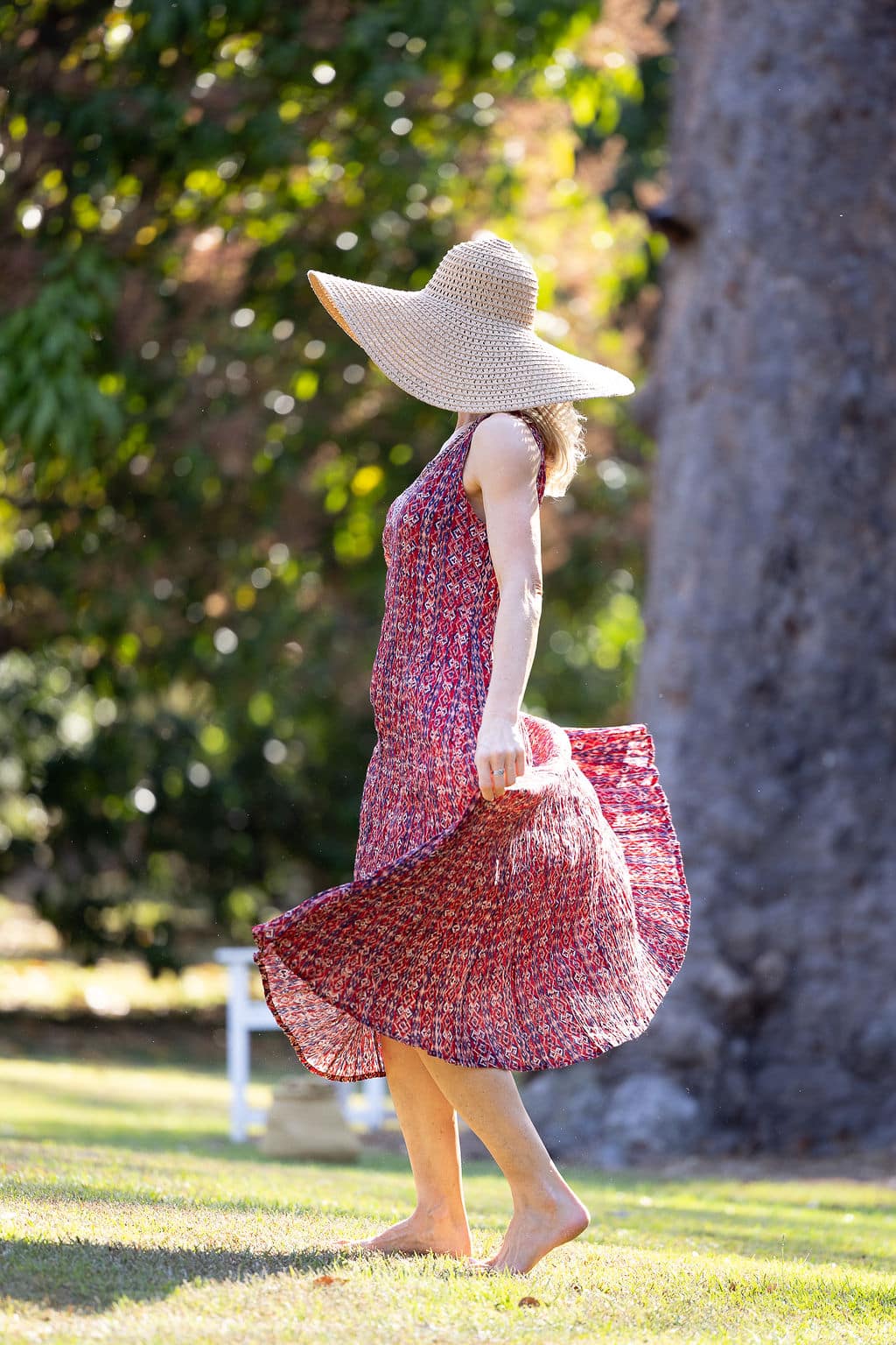 Womens, midi, Mevlana Dress, sleeveless, 100% Cotton, hand block print. Aztec Red - Tavira