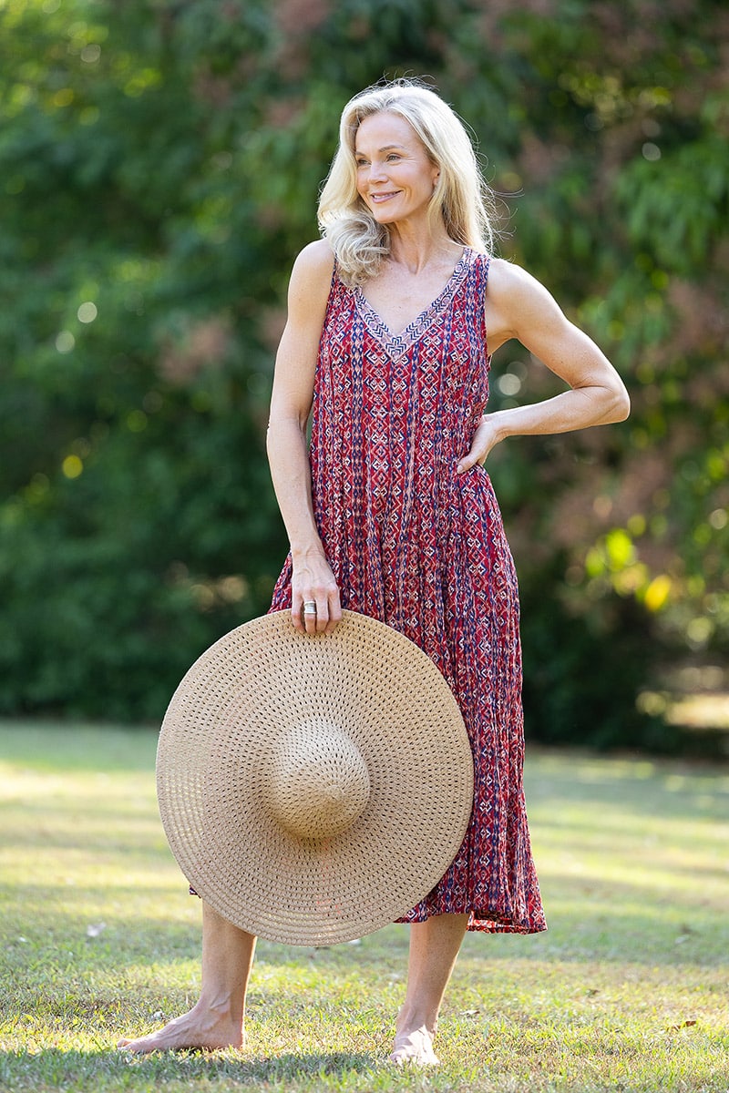 Womens, midi, Mevlana Dress, sleeveless, 100% Cotton, hand block print. Aztec Red - Tavira