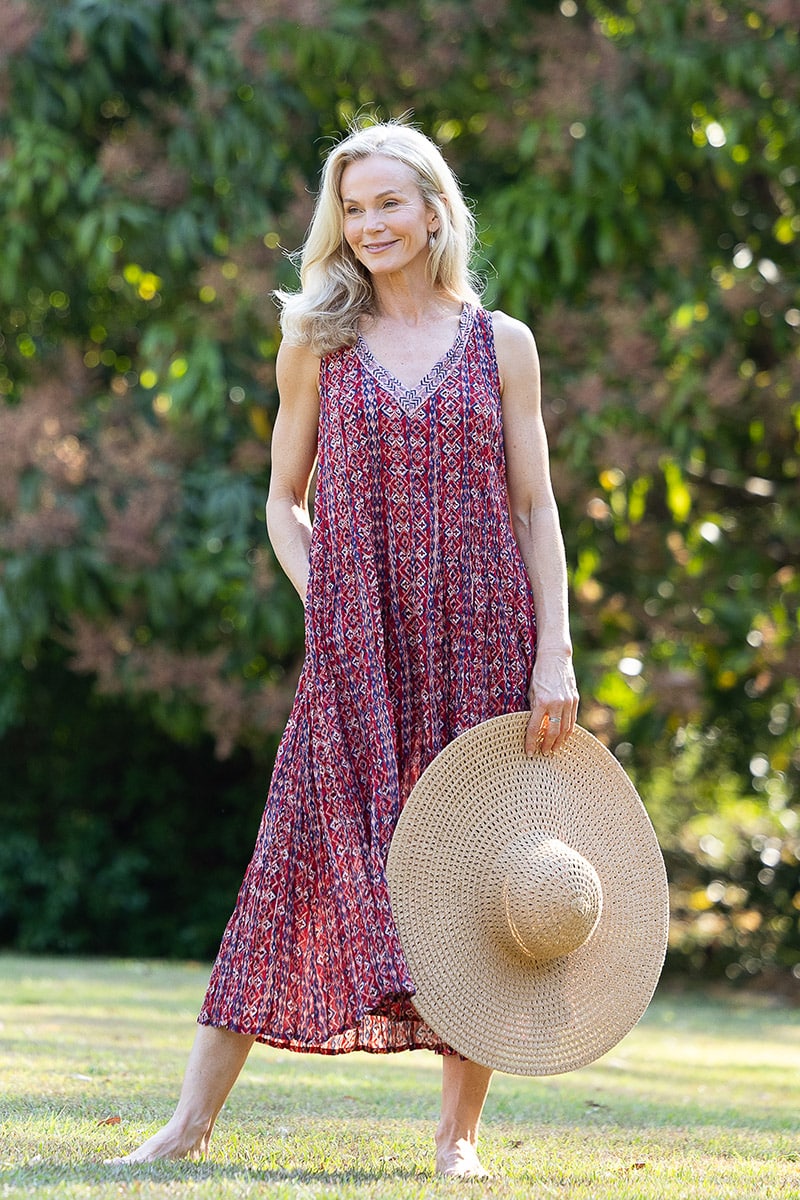 Womens, midi, Mevlana Dress, sleeveless, 100% Cotton, hand block print. Aztec Red - Tavira