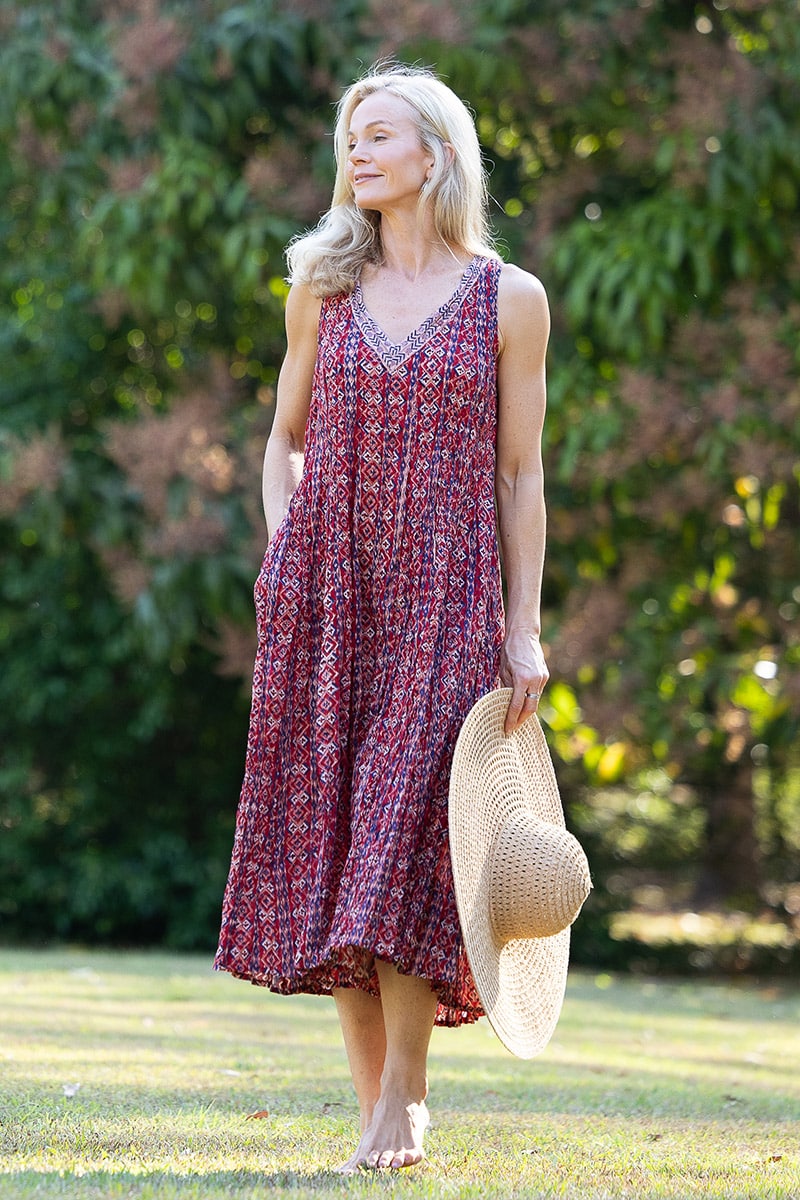 Womens, midi, Mevlana Dress, sleeveless, 100% Cotton, hand block print. Aztec Red - Tavira