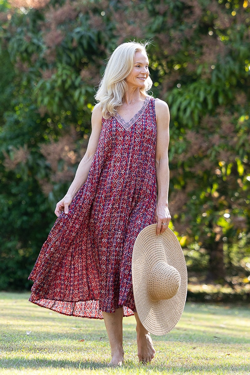 Womens, midi, Mevlana Dress, sleeveless, 100% Cotton, hand block print. Aztec Red - Tavira