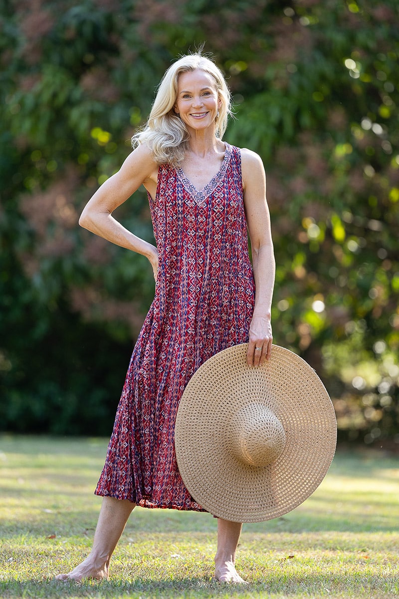 Womens, midi, Mevlana Dress, sleeveless, 100% Cotton, hand block print. Aztec Red - Tavira