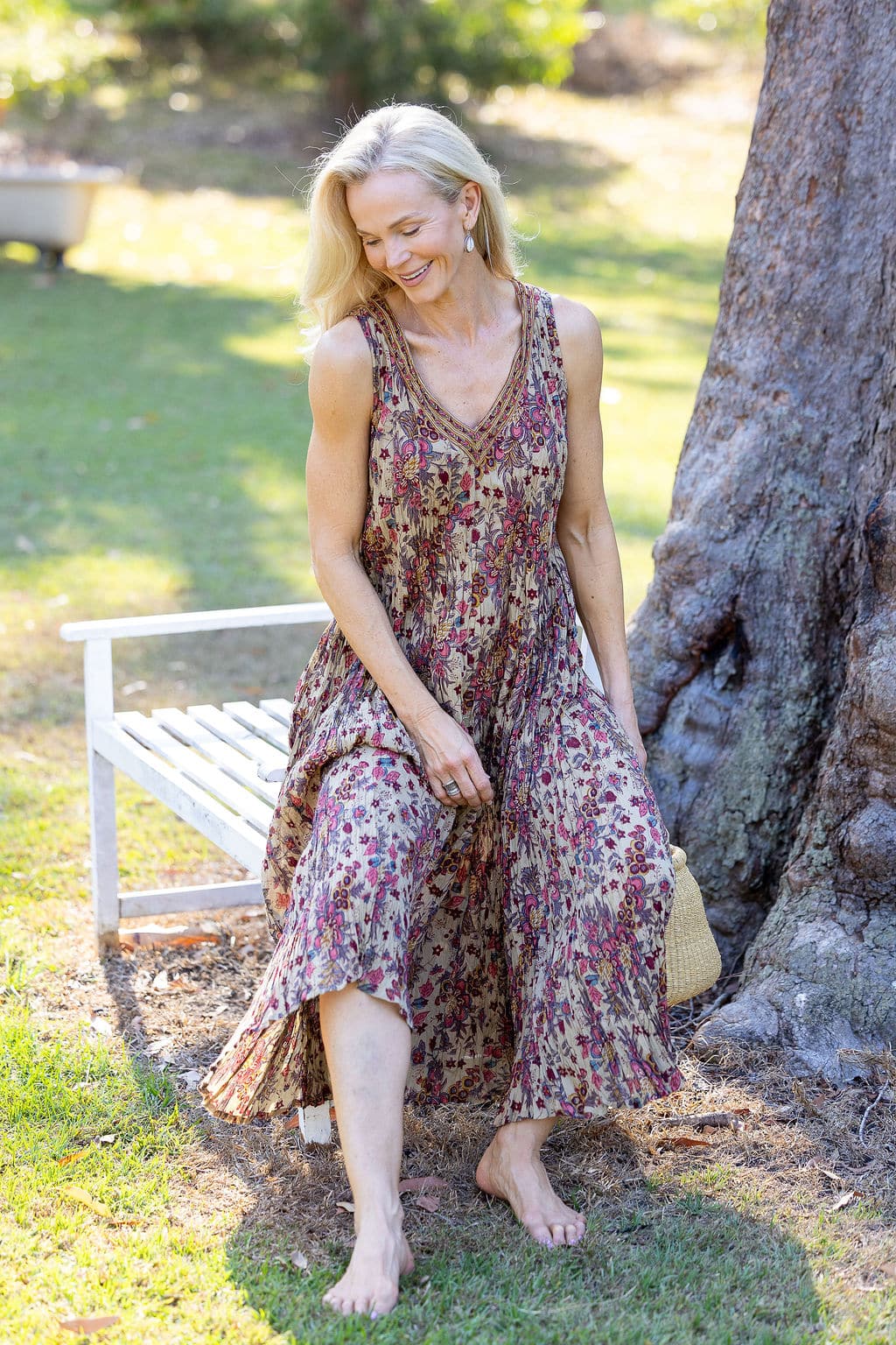 Womens, midi, Mevlana Dress, sleeveless, 100% Cotton, hand block print. Natural tone with florals - Lilienne