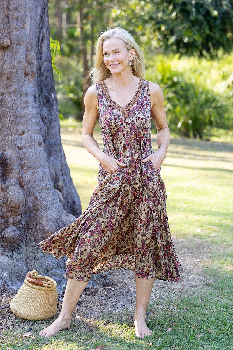 Womens, midi, Mevlana Dress, sleeveless, 100% Cotton, hand block print. Natural tone with florals - Lilienne