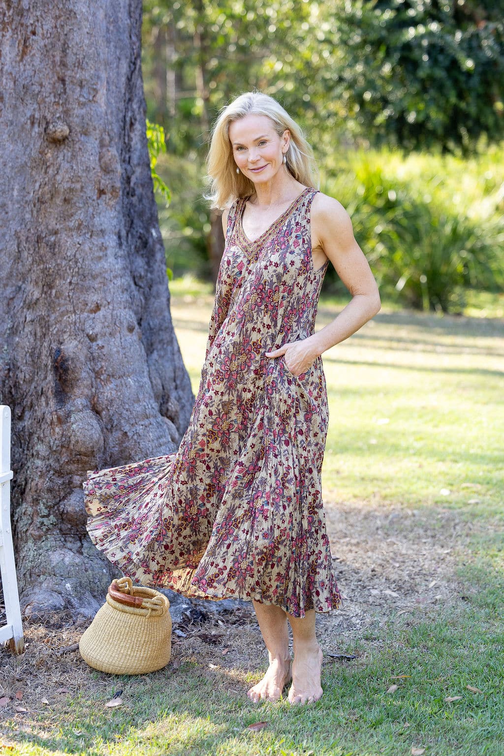 Womens, midi, Mevlana Dress, sleeveless, 100% Cotton, hand block print. Natural tone with florals - Lilienne