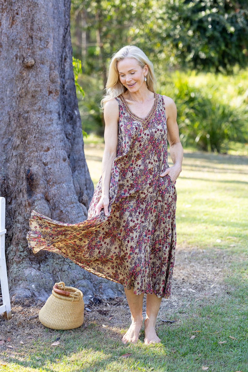 Womens, midi, Mevlana Dress, sleeveless, 100% Cotton, hand block print. Natural tone with florals - Lilienne