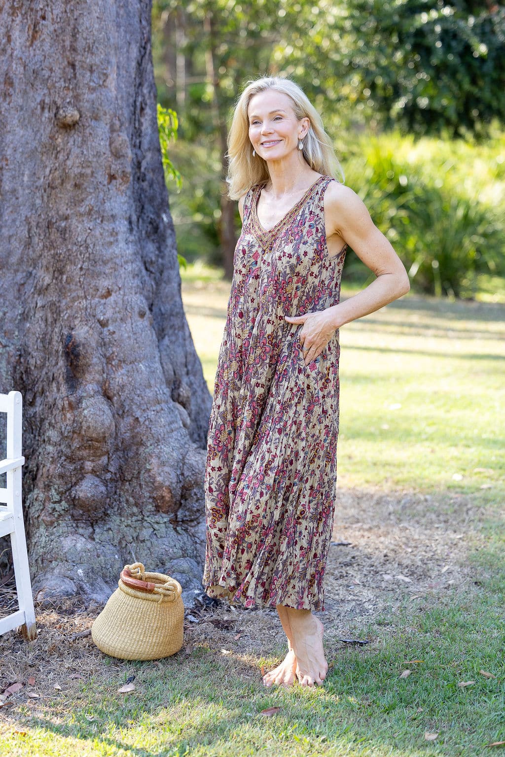 Womens, midi, Mevlana Dress, sleeveless, 100% Cotton, hand block print. Natural tone with florals - Lilienne