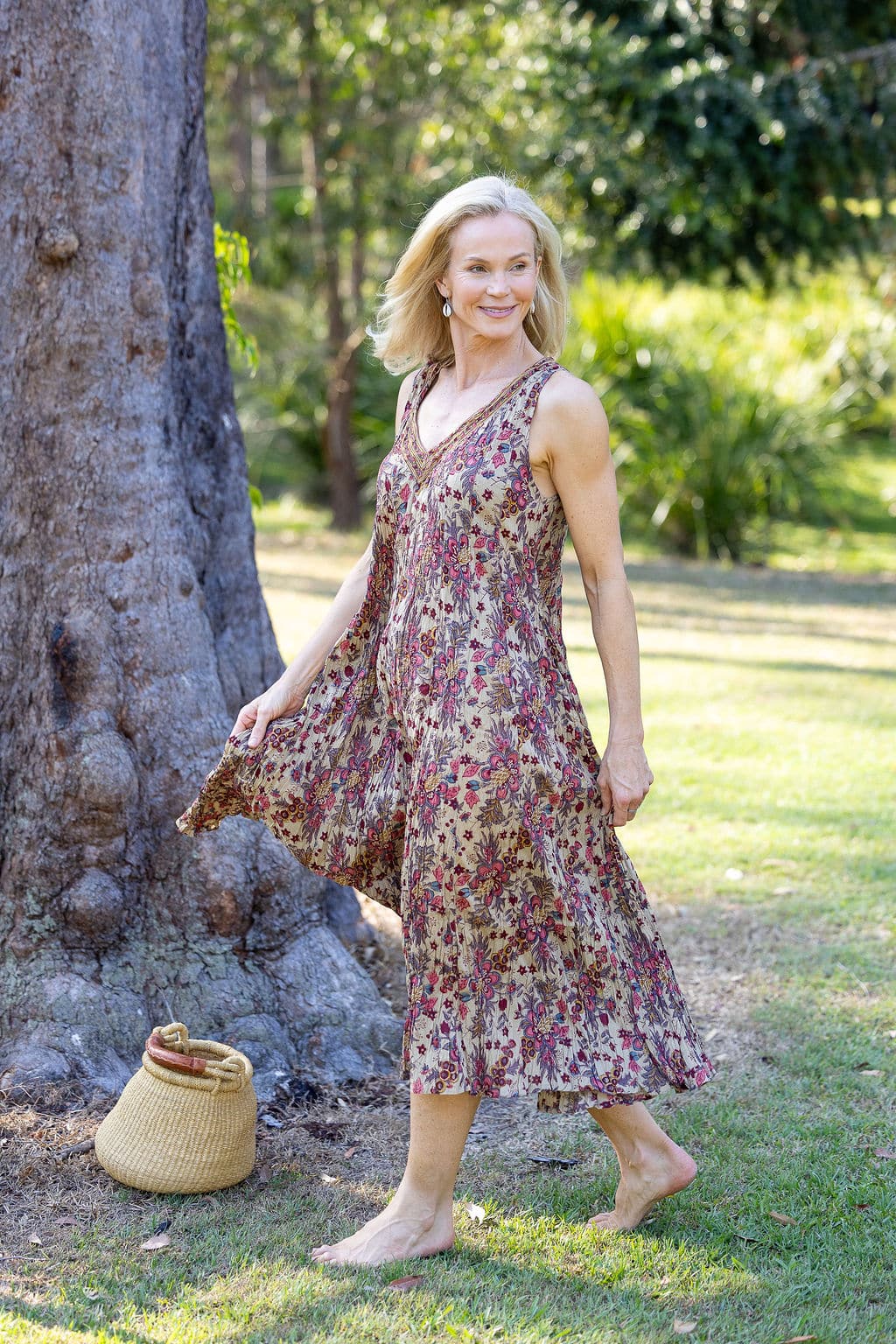 Womens, midi, Mevlana Dress, sleeveless, 100% Cotton, hand block print. Natural tone with florals - Lilienne