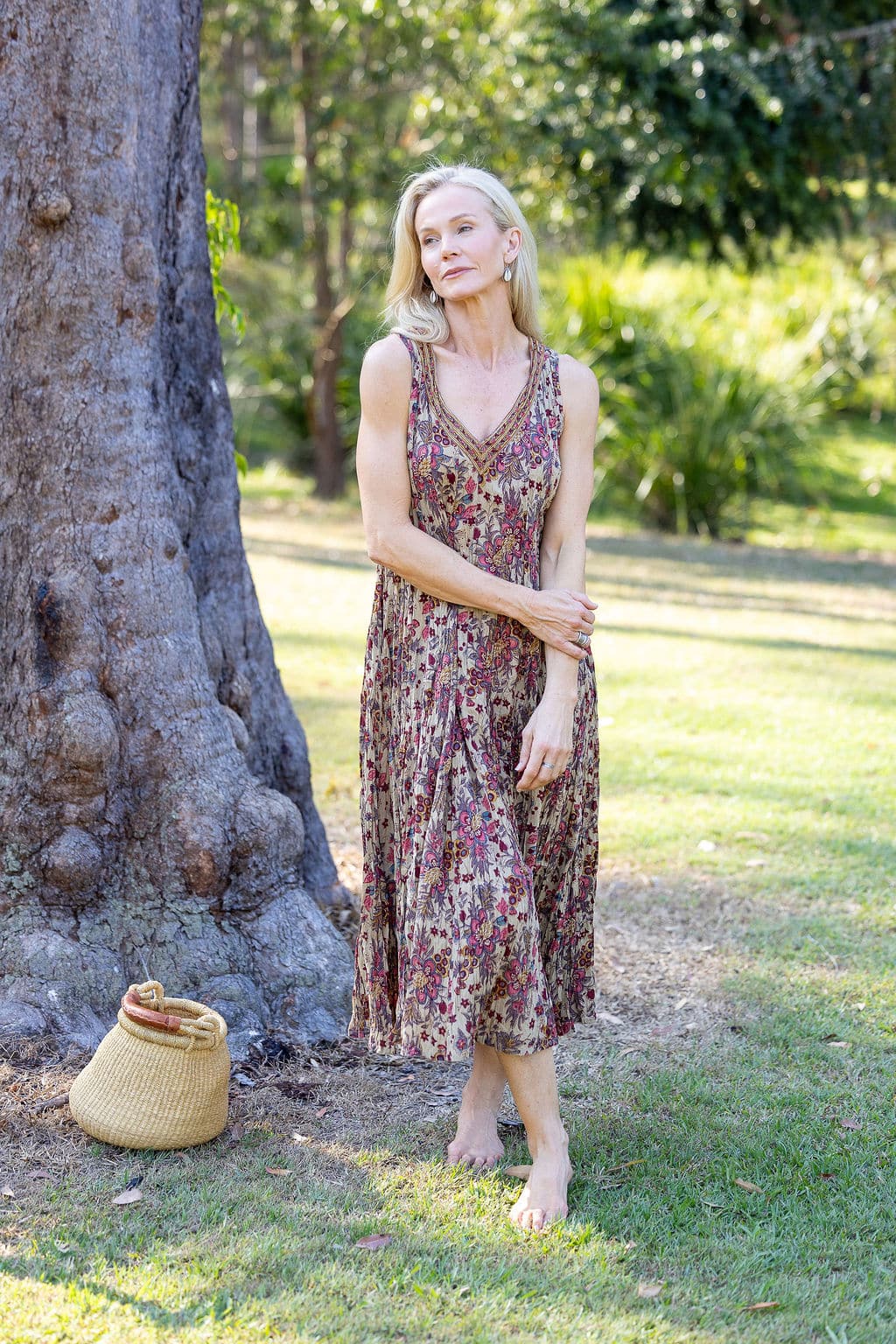 Womens, midi, Mevlana Dress, sleeveless, 100% Cotton, hand block print. Natural tone with florals - Lilienne