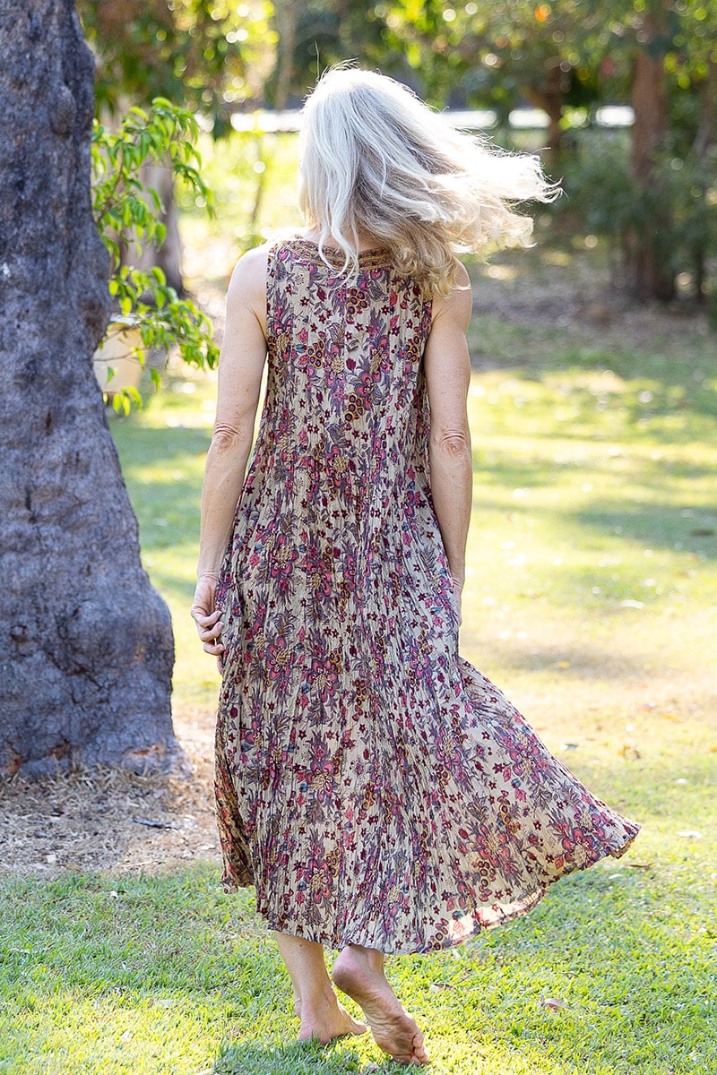 Womens, midi, Mevlana Dress, sleeveless, 100% Cotton, hand block print. Natural tone with florals - Lilienne