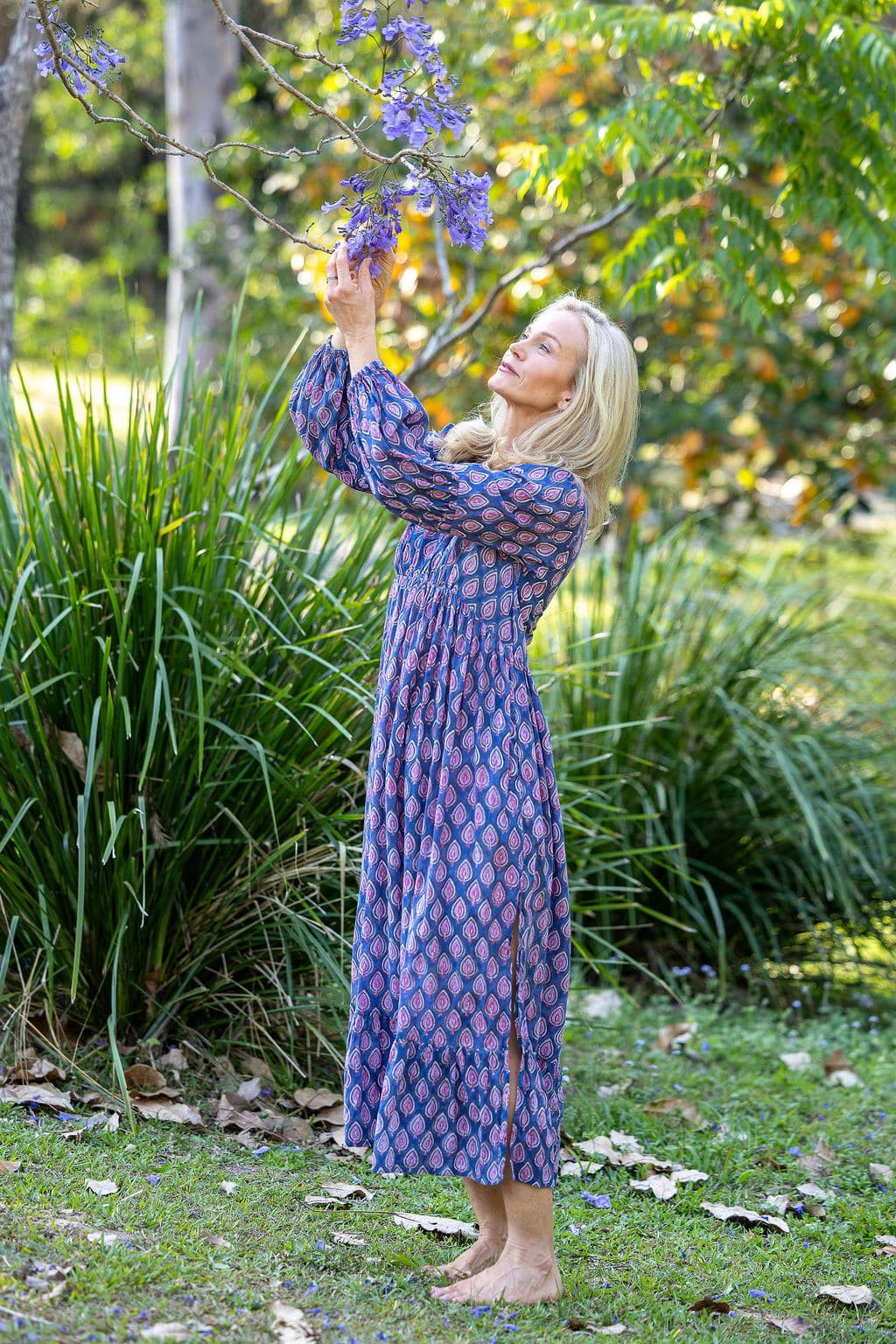 Womens, midi | maxi, Rowena Dress, with sleeves, 100% Cotton, hand block print. Lavender Pink - Anjali