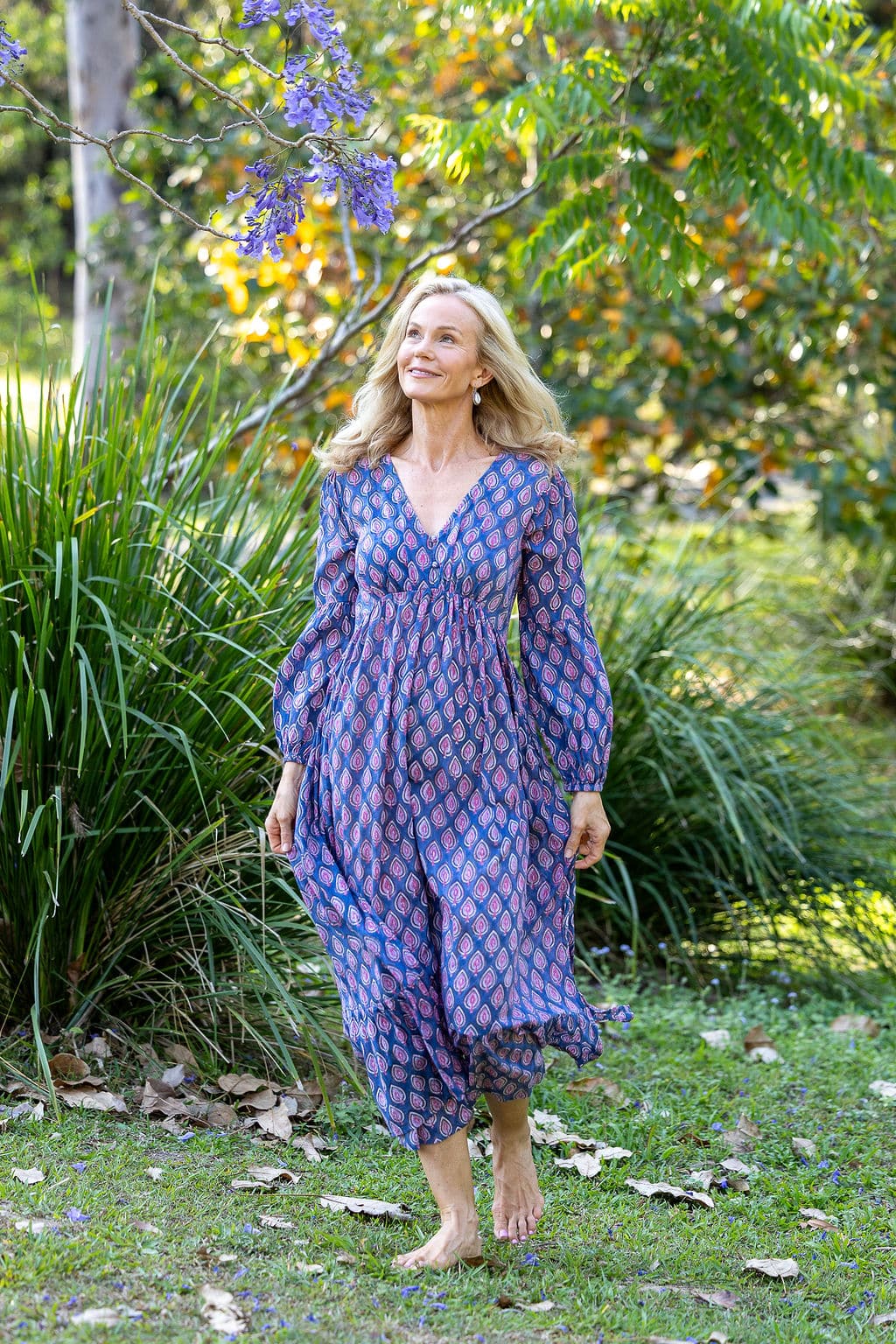 Womens, midi | maxi, Rowena Dress, with sleeves, 100% Cotton, hand block print. Lavender Pink - Anjali