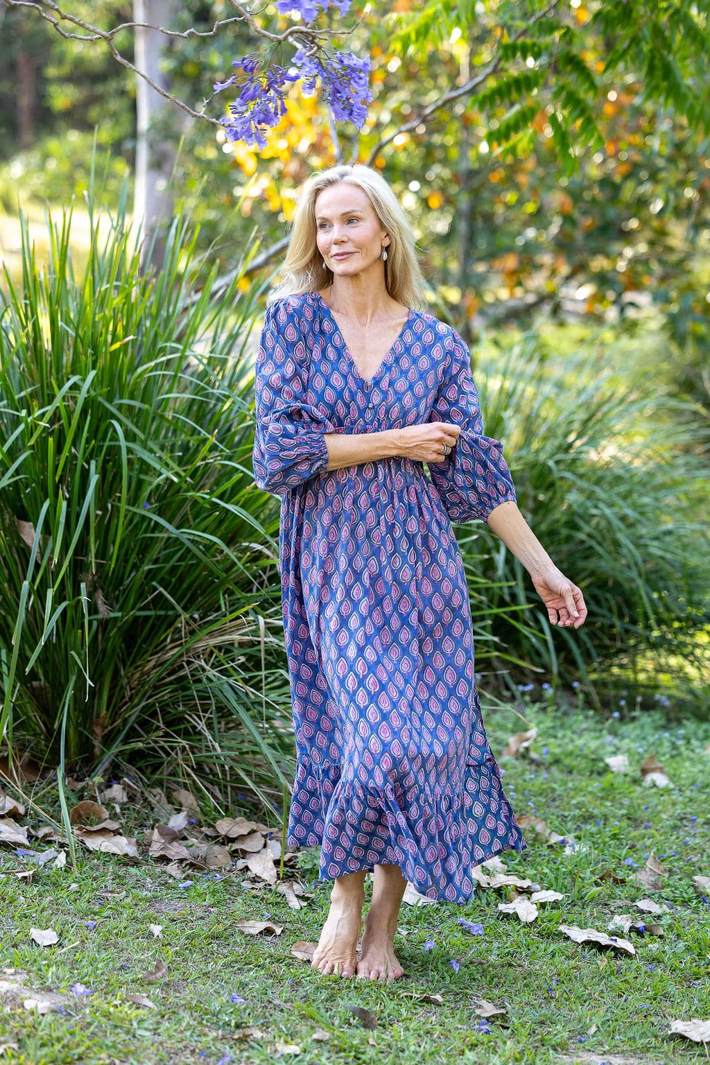 Womens, midi | maxi, Rowena Dress, with sleeves, 100% Cotton, hand block print. Lavender Pink - Anjali