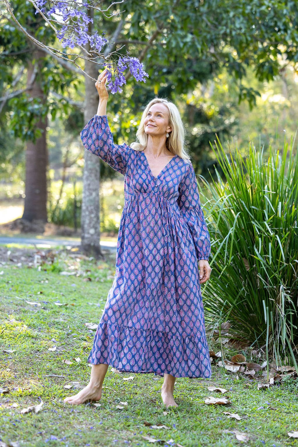 Womens, midi | maxi, Rowena Dress, with sleeves, 100% Cotton, hand block print. Lavender Pink - Anjali