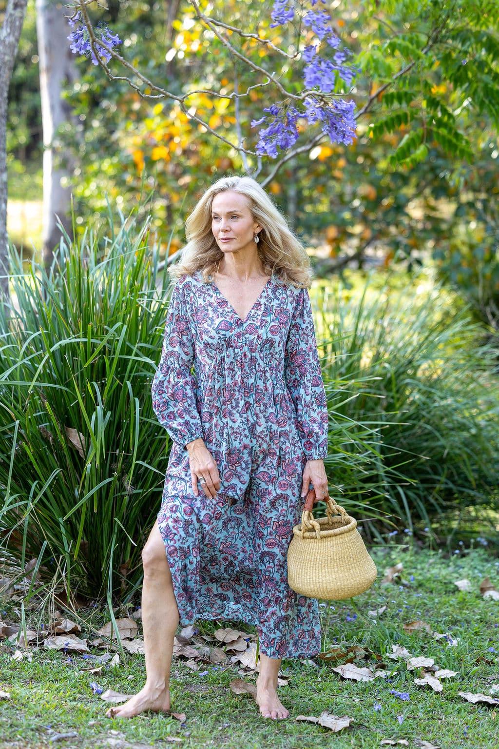 Womens, midi | maxi, Rowena Dress, with sleeves, 100% Cotton, hand block print. Soft blue floral - Florence