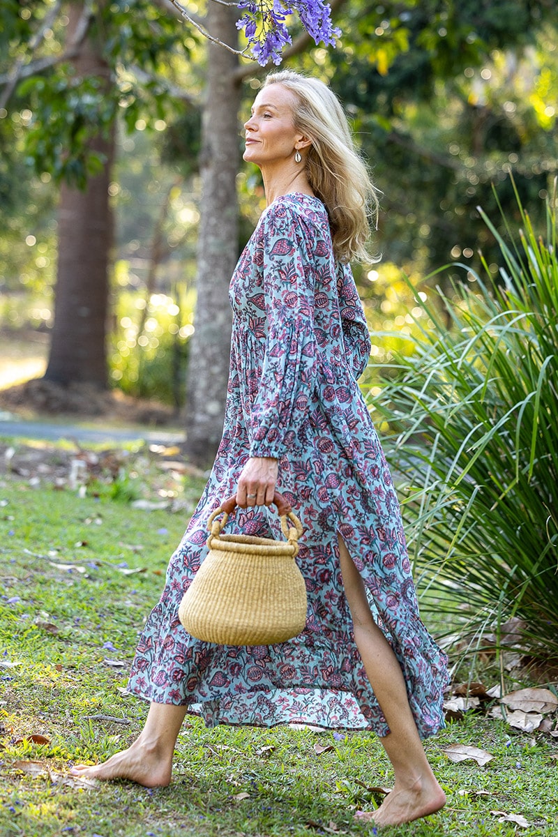 Womens, midi | maxi, Rowena Dress, with sleeves, 100% Cotton, hand block print. Soft blue floral - Florence