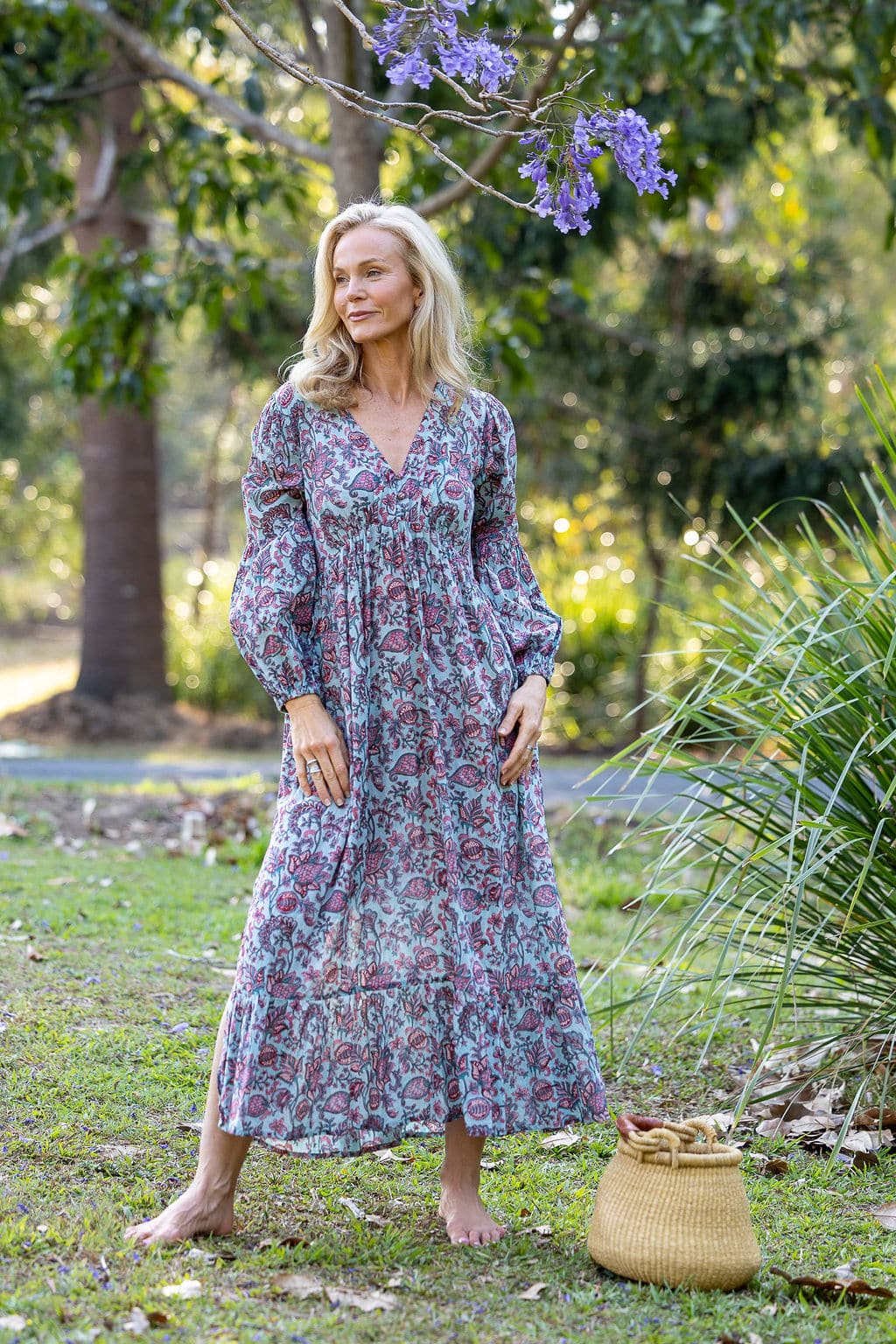 Womens, midi | maxi, Rowena Dress, with sleeves, 100% Cotton, hand block print. Soft blue floral - Florence
