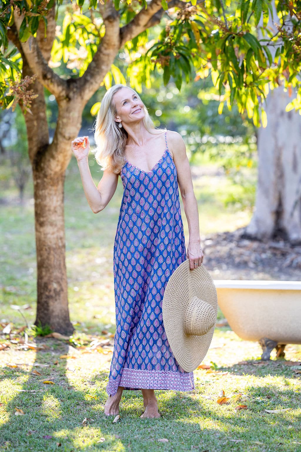 Womens, maxi, midi, Savannah Dress, streamline, adjustable straps, summer ready. 100% Cotton, hand block print. Lavender Pink - Anjali