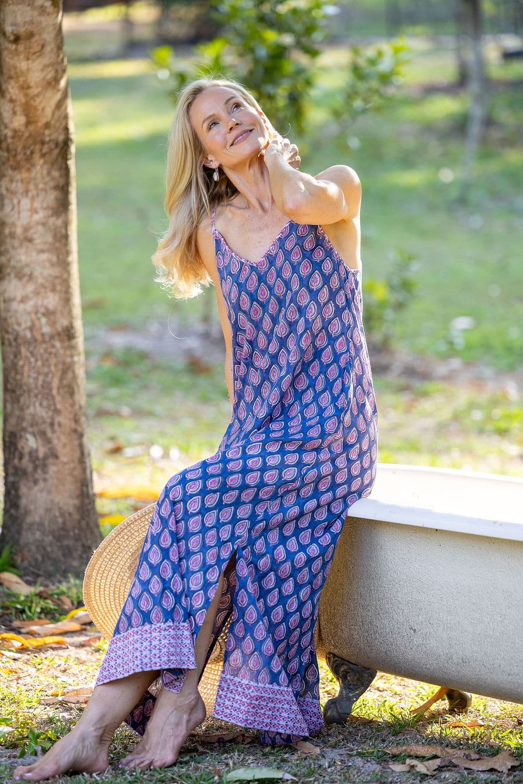 Womens, maxi, midi, Savannah Dress, streamline, adjustable straps, summer ready. 100% Cotton, hand block print. Lavender Pink - Anjali