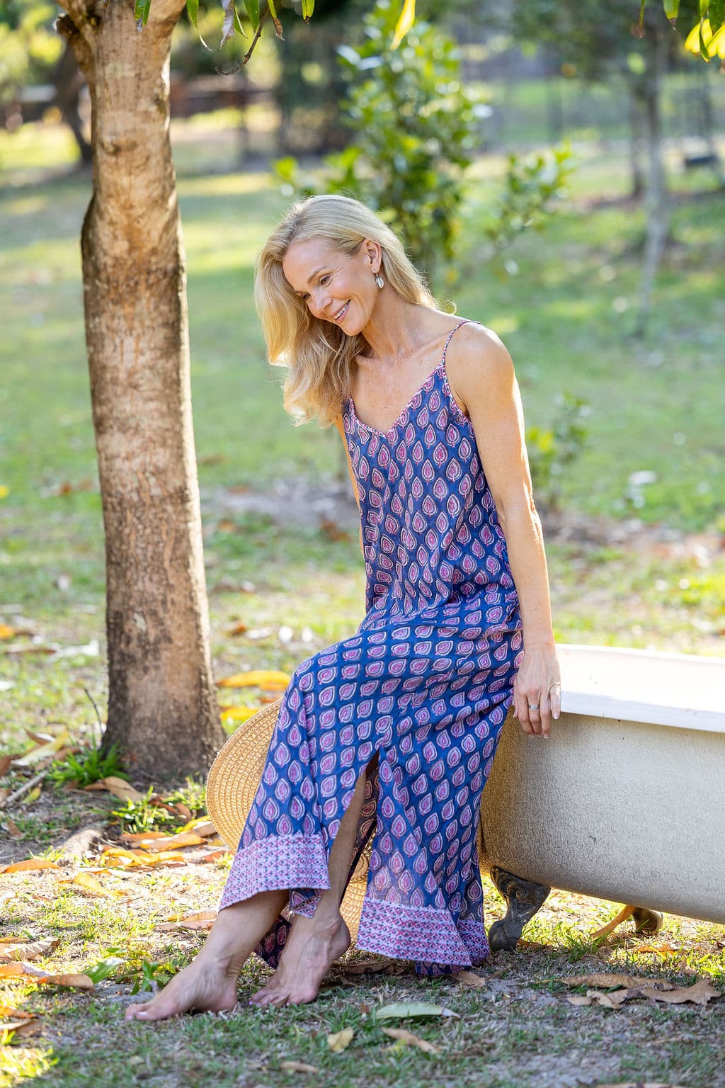 Womens, maxi, midi, Savannah Dress, streamline, adjustable straps, summer ready. 100% Cotton, hand block print. Lavender Pink - Anjali
