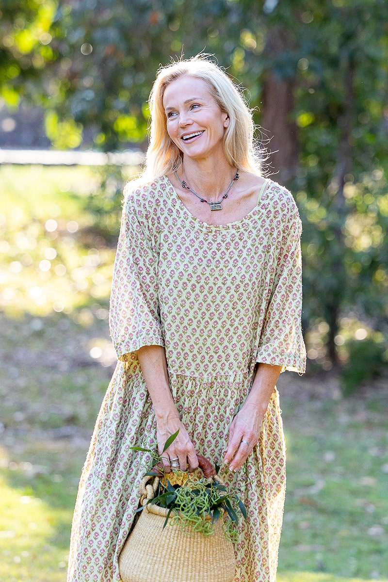 Womens, midi, Clementine Dress, 100% Cotton, hand block print. Soft lime with dainty pink flowers - Camille - Heirloom Collection