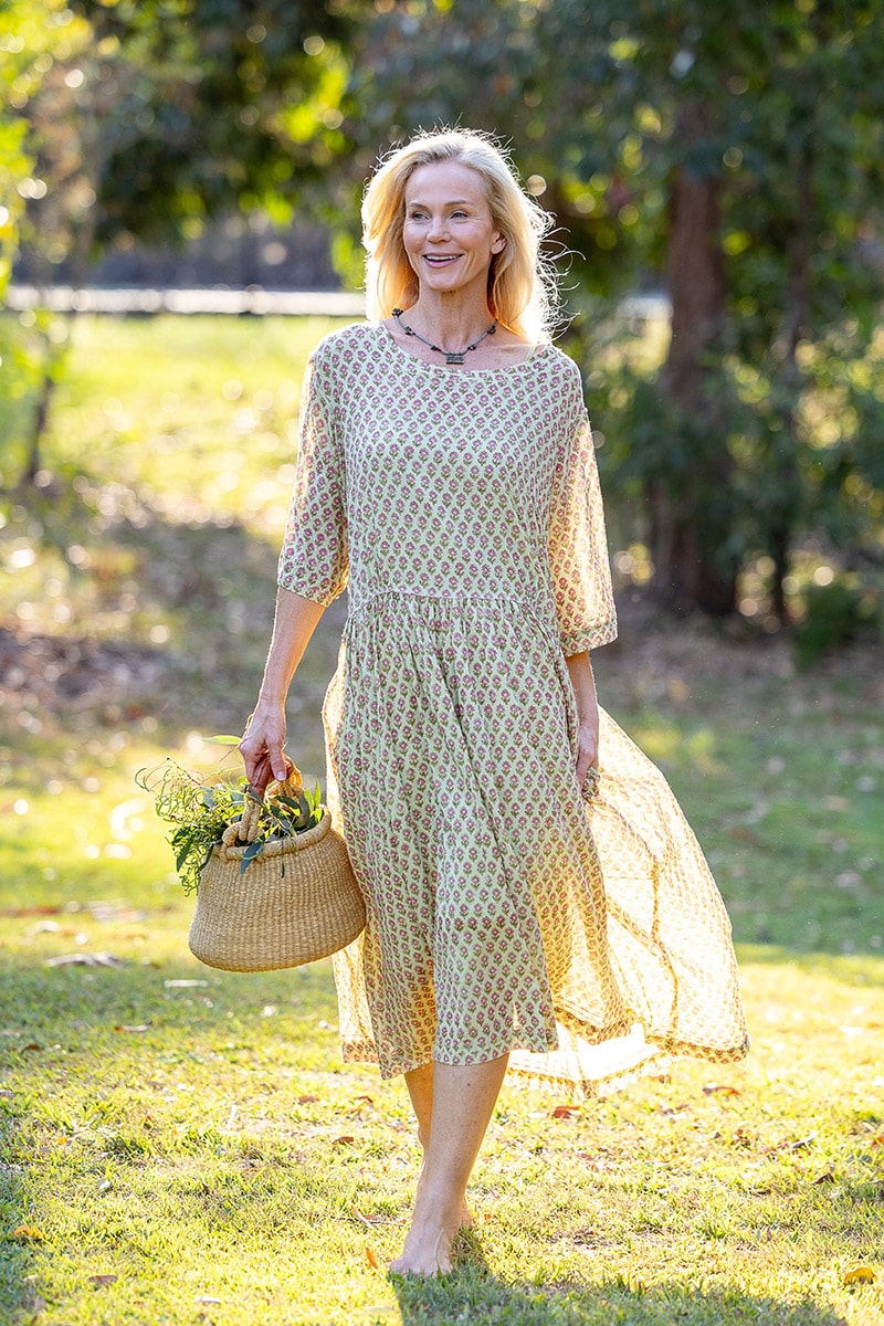 Womens, midi, Clementine Dress, 100% Cotton, hand block print. Soft lime with dainty pink flowers - Camille - Heirloom Collection