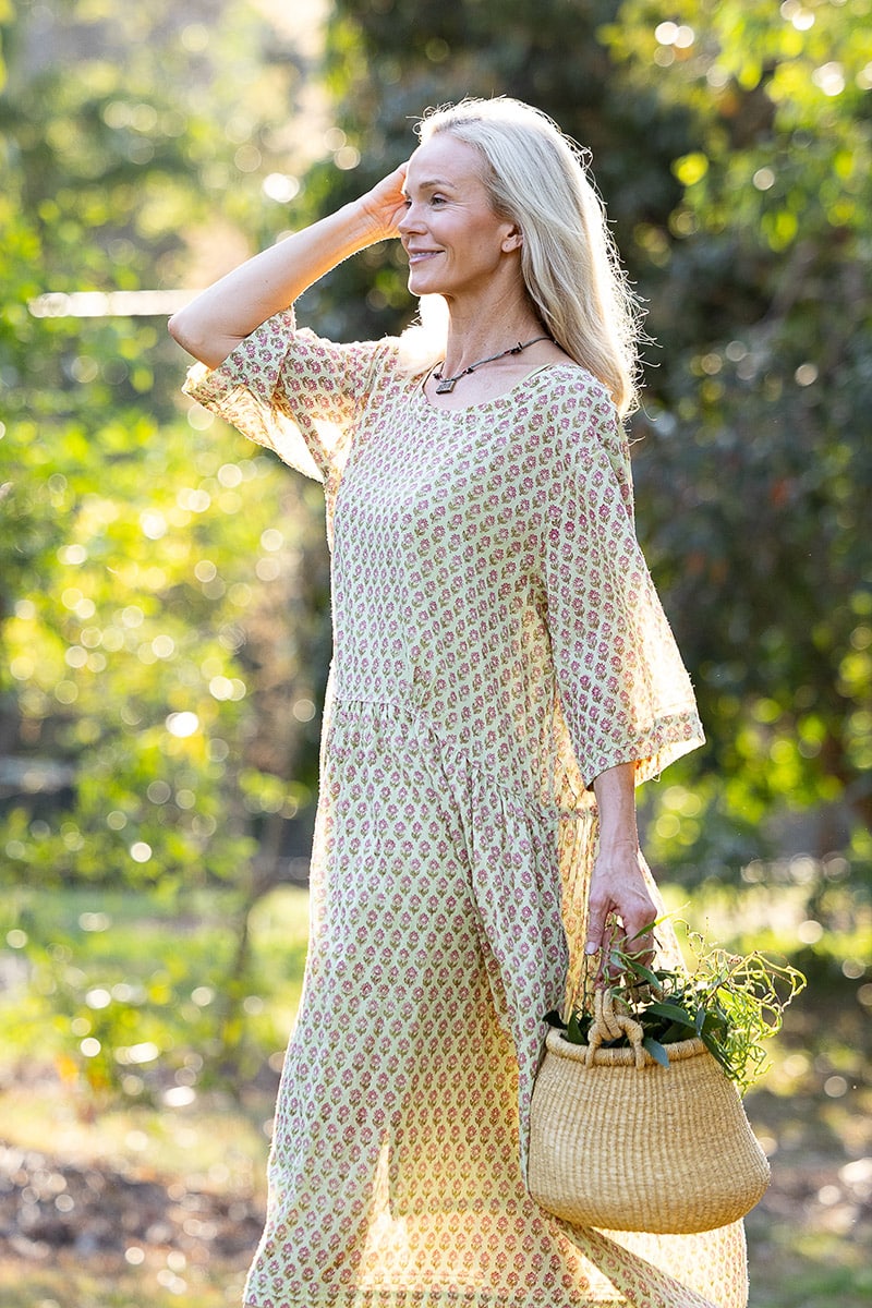 Womens, midi, Clementine Dress, 100% Cotton, hand block print. Soft lime with dainty pink flowers - Camille - Heirloom Collection