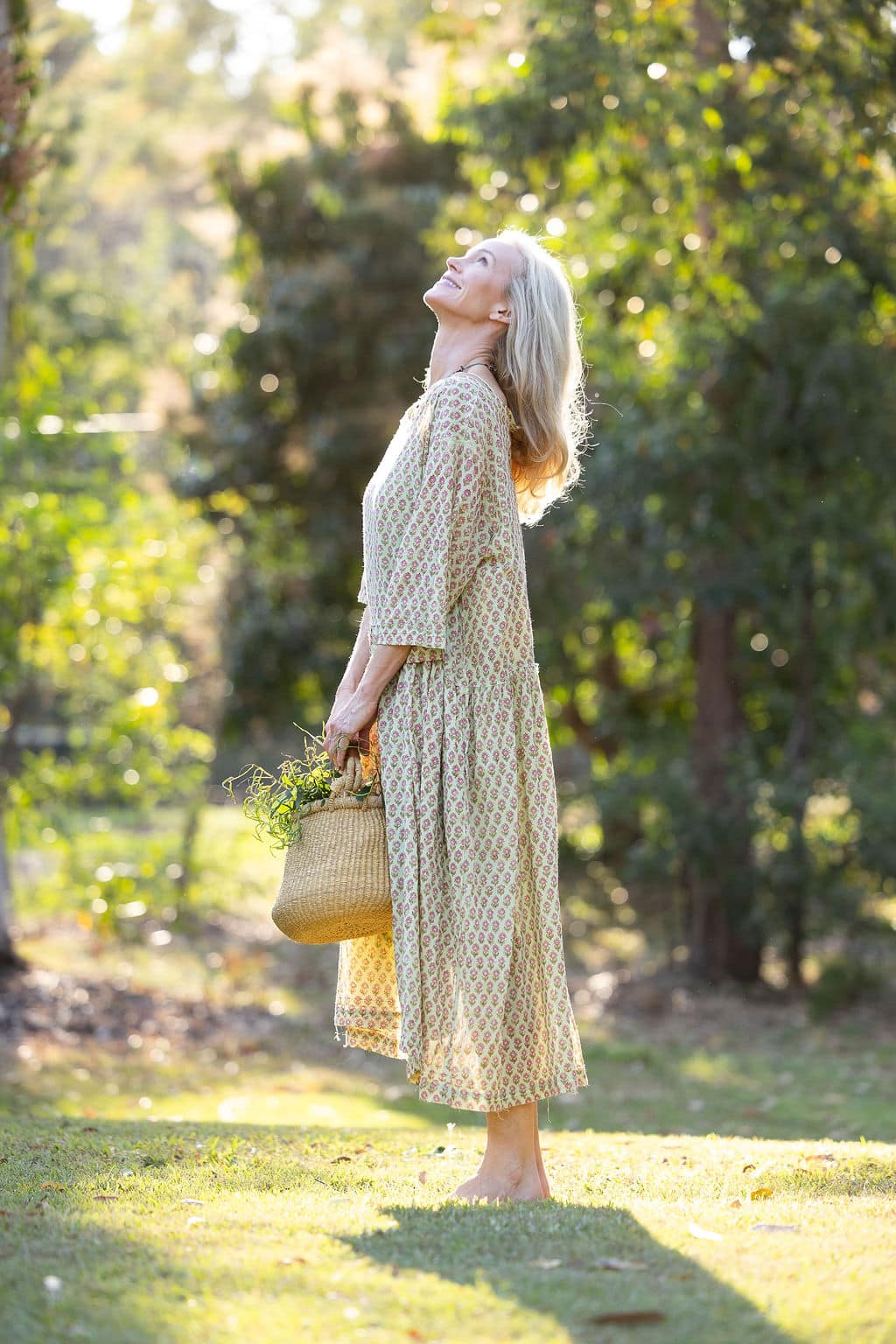 Womens, midi, Clementine Dress, 100% Cotton, hand block print. Soft lime with dainty pink flowers - Camille - Heirloom Collection