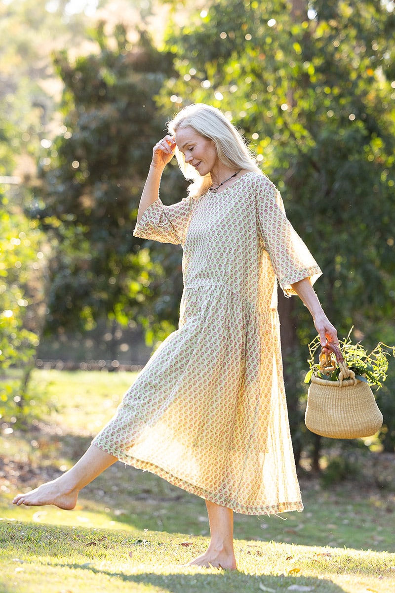 Womens, midi, Clementine Dress, 100% Cotton, hand block print. Soft lime with dainty pink flowers - Camille - Heirloom Collection