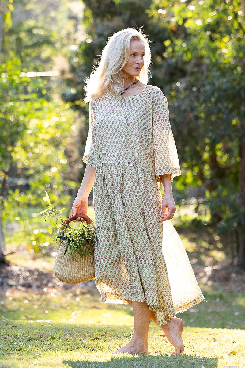 Womens, midi, Clementine Dress, 100% Cotton, hand block print. Soft lime with dainty pink flowers - Camille - Heirloom Collection